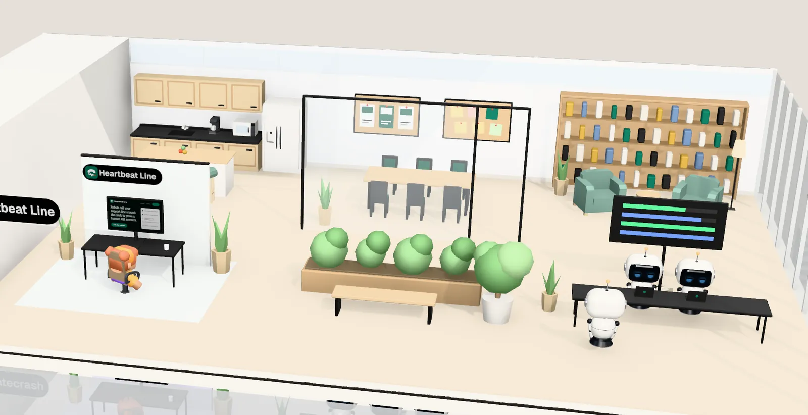 Heartbeat Line’s office on floor 1 of Tower 3: the owner’s desk with the website on screen, the agents’ bench, a meeting room and a library